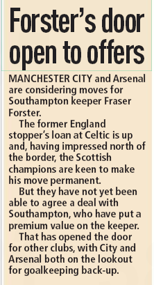 Arsenal consider Fraser Forster to replace Emi Martinez 3 Sunday People, 14 June 2020