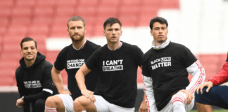 LONDON, ENGLAND - JUNE 10: Cedric Soares, Shkodran Mustafi, Kieran Tierney and Gabriel Martinelli of Arsenal take a knee in support of Black Lives Matter before the friendly match between Arsenal and Brentford at Emirates Stadium on June 10, 2020 in London, England. (Photo by David Price/Arsenal FC via Getty Images)