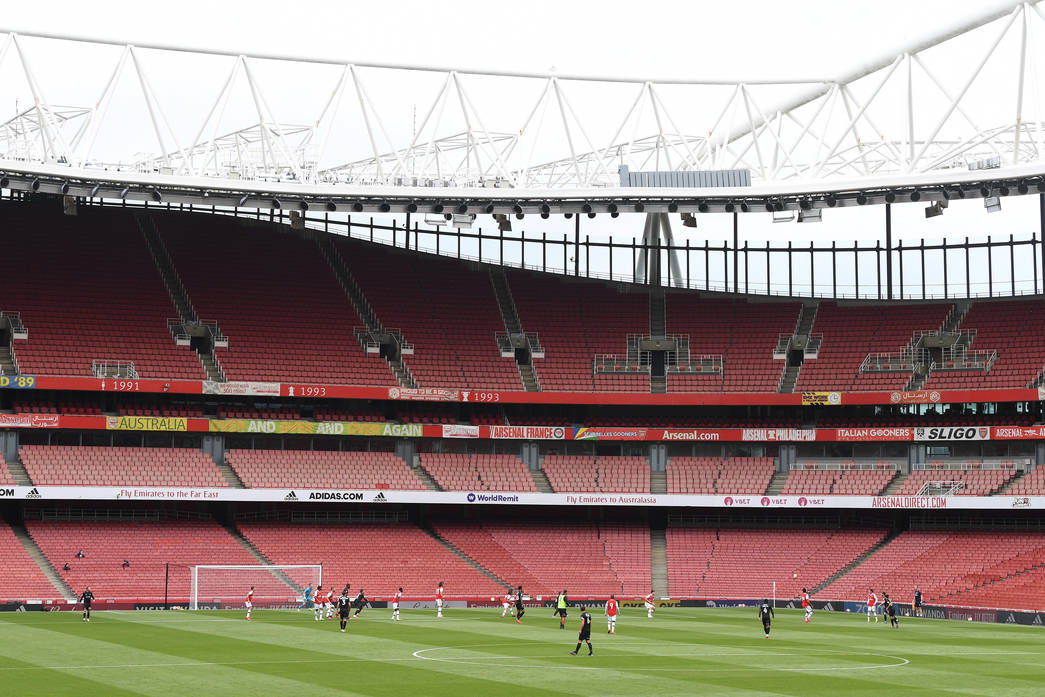 LONDON, ENGLAND - JUNE 06: Arsenal during a friendly match between Arsenal and Charlton Athletic at Emirates Stadium on June 06, 2020 in London, En...