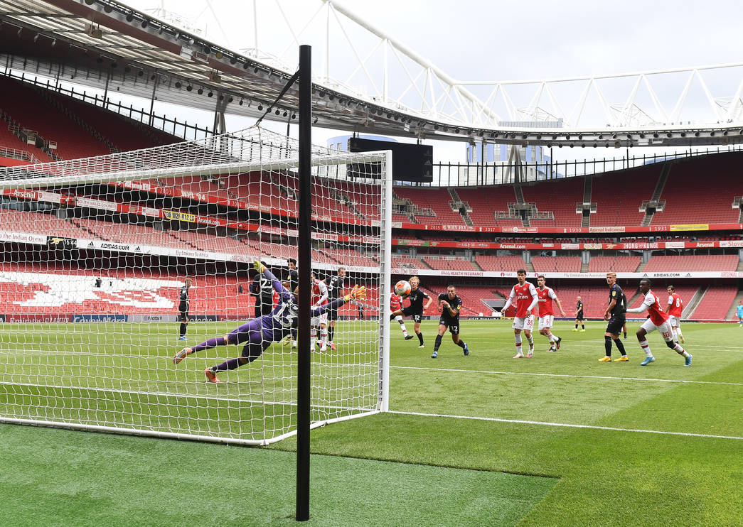 LONDON, ENGLAND - JUNE 06: Arsenal during a friendly match between Arsenal and Charlton Athletic at Emirates Stadium on June 06, 2020 in London, En...