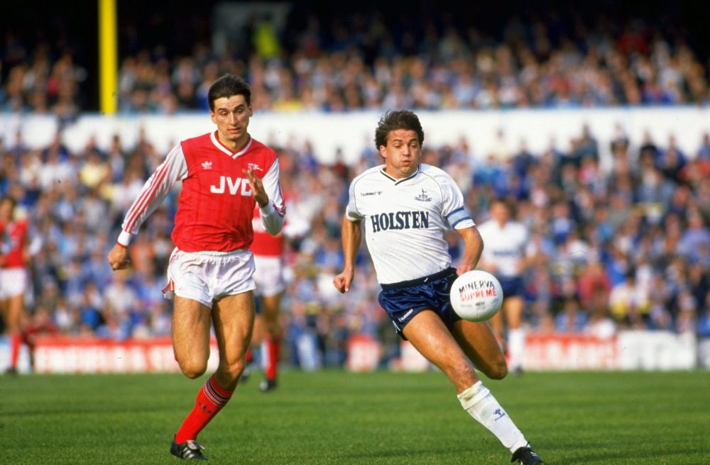 1988: Alan Smith of Arsenal takes on Gary Mabbutt of Tottenham Hotspur during a match at White Hart Lane in London. Arsenal won the match 2-1. Cred...