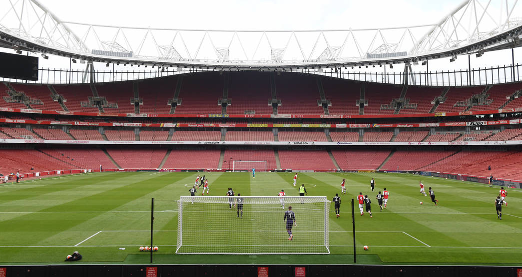 LONDON, ENGLAND - JUNE 06: of Arsenal during a friendly match between Arsenal and Charlton Athletic at Emirates Stadium on June 06, 2020 in London,...