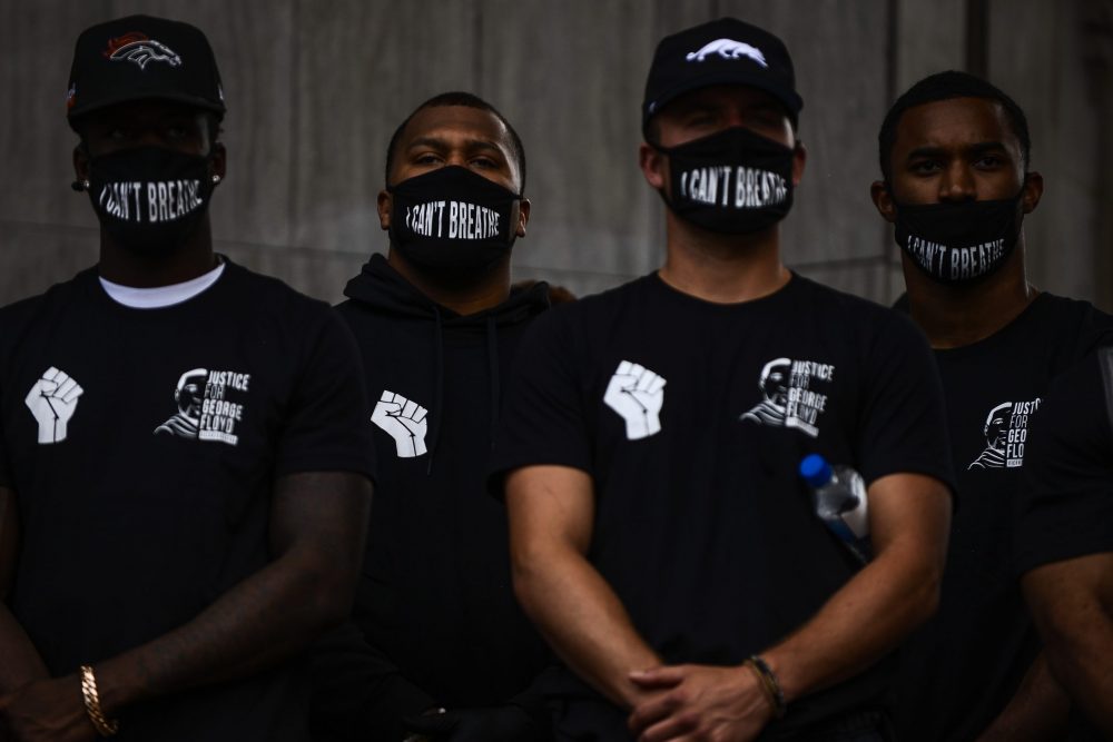 DENVER, CO - JUNE 06: Denver Broncos players join people protesting the death of George Floyd on June 6, 2020 in Denver, Colorado. This is the 12th day of protests since George Floyd died in Minneapolis police custody on May 25. (Photo by Michael Ciaglo/Getty Images)