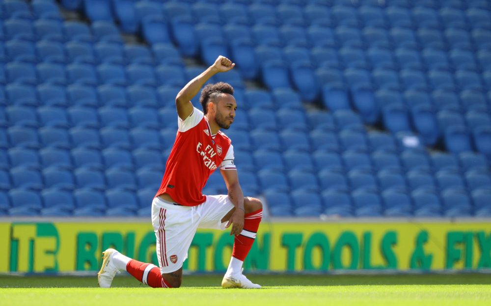 Arsenal and Manchester United owners refuse to apologise 3 BRIGHTON, ENGLAND - JUNE 20: Pierre-Emerick Aubameyang of Arsenal takes a knee in support of the Black Lives Matter movement prior to the Premier League match between Brighton & Hove Albion and Arsenal FC at American Express Community Stadium on June 20, 2020 in Brighton, England. Football Stadiums around Europe remain empty due to the Coronavirus Pandemic as Government social distancing laws prohibit fans inside venues resulting in all fixtures being played behind closed doors. (Photo by Richard Heathcote/Getty Images)