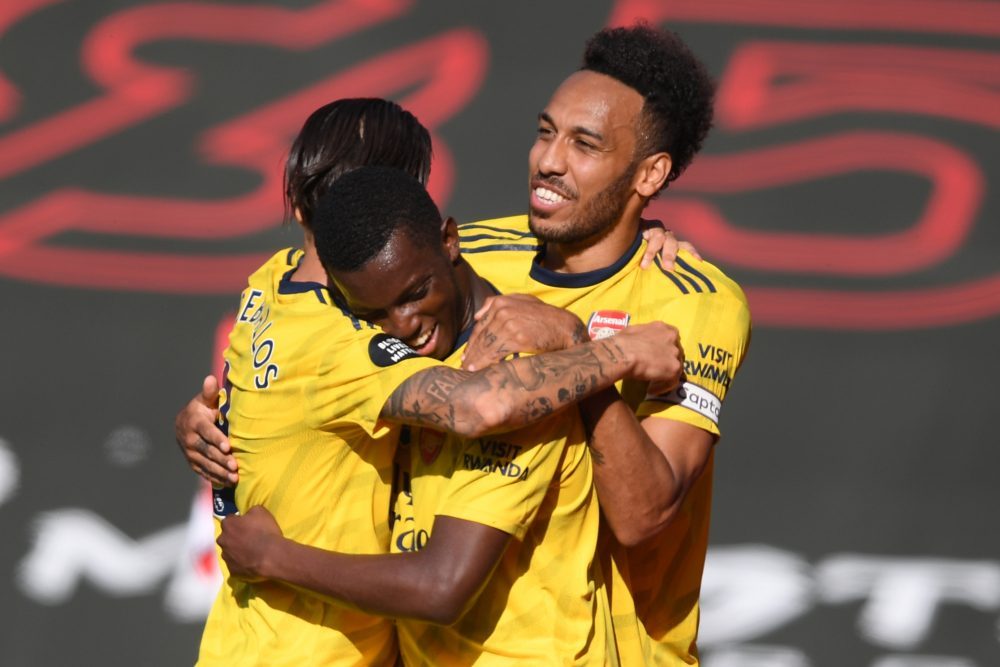 Arsenal ensure Premier League survival with Southampton win 2 Arsenal's English striker Eddie Nketiah (C) celebrates with teammates after he scores the team's first goal during the English Premier League football match between Southampton and Arsenal at St Mary's Stadium in Southampton, southern England on June 25, 2020. (Photo by Mike Hewitt / POOL / AFP)