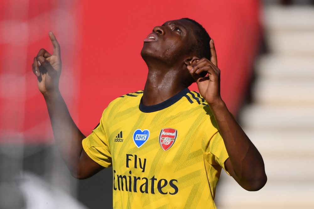 Arsenal's English striker Eddie Nketiah celebrates after he scores the team's first goal during the English Premier League football match between S...