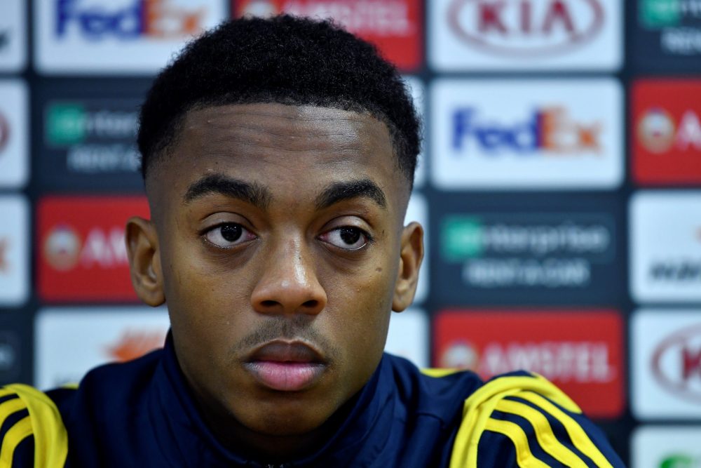 Arsenal's Joe Willock gives a press conference on the eve of the UEFA Europa league football match between Arsenal and Standard Liege, on December ...
