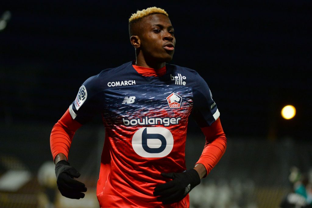 Lille's Nigerian forward Victor Osimhen celebrates scoring his team's first goal during the French L1 Football match between Angers SCO and Lille (LOSC), at Raymond-Kopa Stadium, in Angers, northwestern France on Febuary 07, 2020. (Photo by JEAN-FRANCOIS MONIER / AFP) (Photo by JEAN-FRANCOIS MONIER/AFP via Getty Images)
