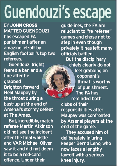 Arsenal get a lucky break with Martin Atkinson and PGMOL 3 guendouzi no charge