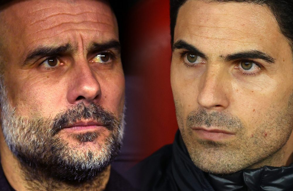 In this composite image a comparison has been made between Pep Guardiola, Manager of Manchester City (L) and Mikel Arteta, Manager of Arsenal. Manc...