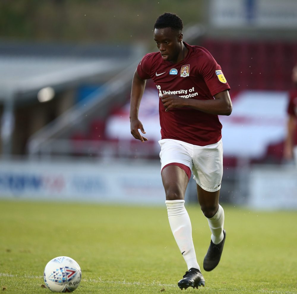 NORTHAMPTON, ENGLAND - JUNE 18: James Olayinka of Northampton Town in action during the Sky Bet League Two Play Off Semi-final 1st Leg match betwee...