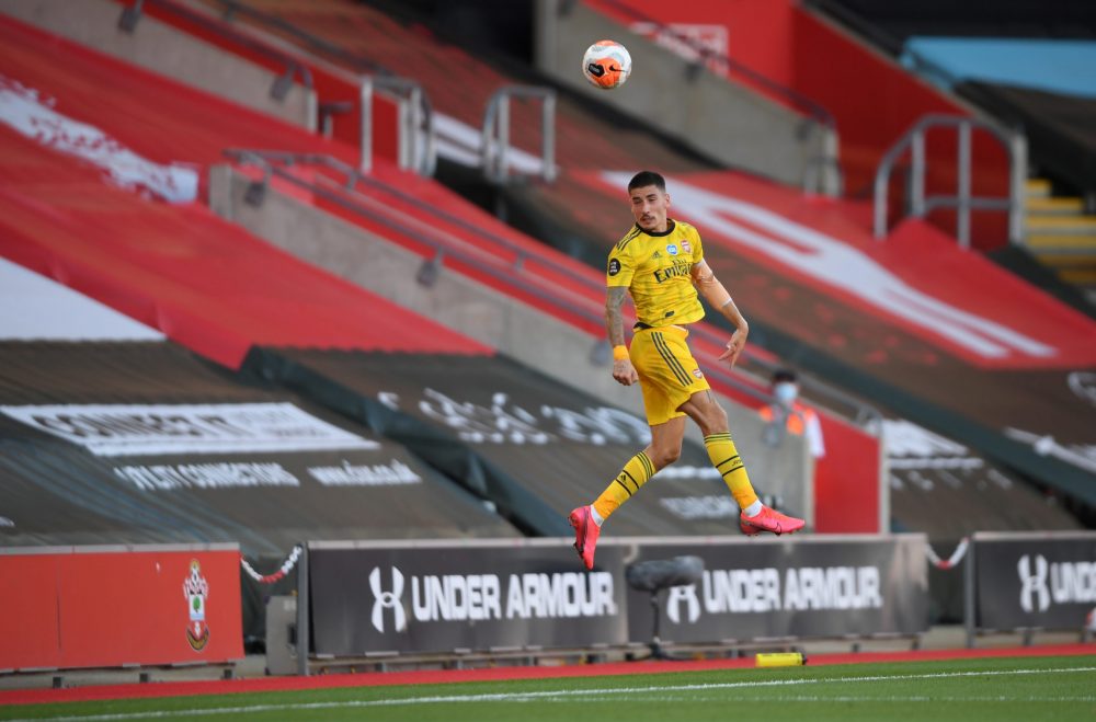Arsenal ensure Premier League survival with Southampton win 4 SOUTHAMPTON, ENGLAND - JUNE 25: Hector Bellerin of Arsenal heads the ball during the Premier League match between Southampton FC and Arsenal FC at St Mary's Stadium on June 25, 2020 in Southampton, United Kingdom. (Photo by Mike Hewitt/Getty Images)