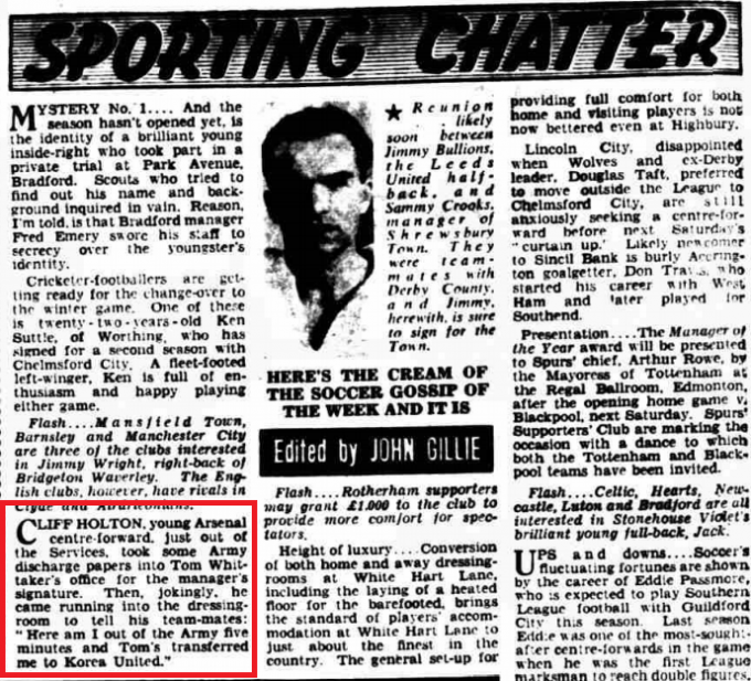 13 August, 1950: Arsenal forward jokes he's been sold to Korea United 2 Cliff Holton jokes in The People, Sunday, August 13, 1950