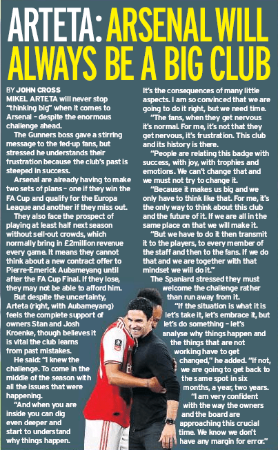 Hurts so much: Mikel Arteta nails what's wrong with Arsenal 4 Arteta: Arsenal will always be a big club - Daily Mirror 25 July 2020