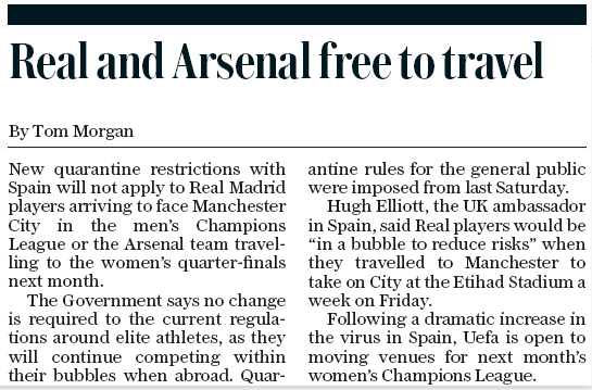 Arsenal will not have to quarantine after Spain trip next month 5 200728 daily telegraph spain womens champions league