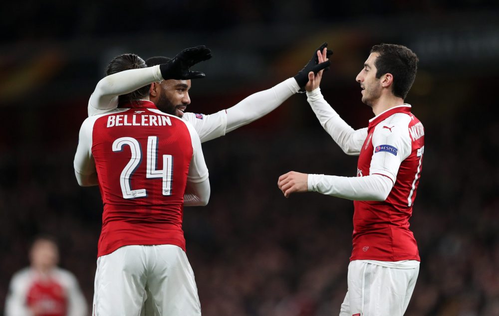 LONDON, ENGLAND - APRIL 05: Alexandre Lacazette of Arsenal celebrates with Hector Bellerin and Henrikh Mkhitaryan after scoring the fourth goal during the UEFA Europa League quarter final first leg match between Arsenal FC and CSKA Moskva at Emirates Stadium on April 5, 2018 in London, United Kingdom. (Photo by Dan Istitene/Getty Images,)