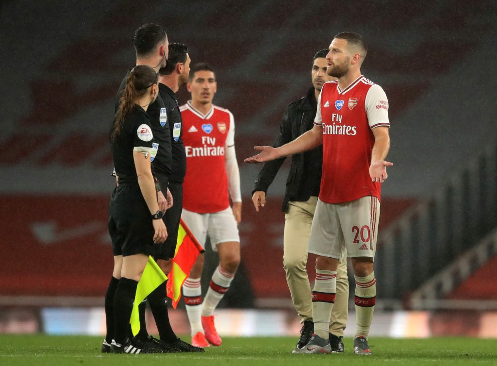Frustration at ref selection for Arsenal's game at Fulham 7 LONDON, ENGLAND - JULY 07: Shkodran Mustafi of Arsenal speaks with Match Referee, Chris Kavanagh following the Premier League match between Arsenal FC and Leicester City at Emirates Stadium on July 07, 2020 in London, England. Football Stadiums around Europe remain empty due to the Coronavirus Pandemic as Government social distancing laws prohibit fans inside venues resulting in all fixtures being played behind closed doors. (Photo by Adam Davy/Pool via Getty Images)