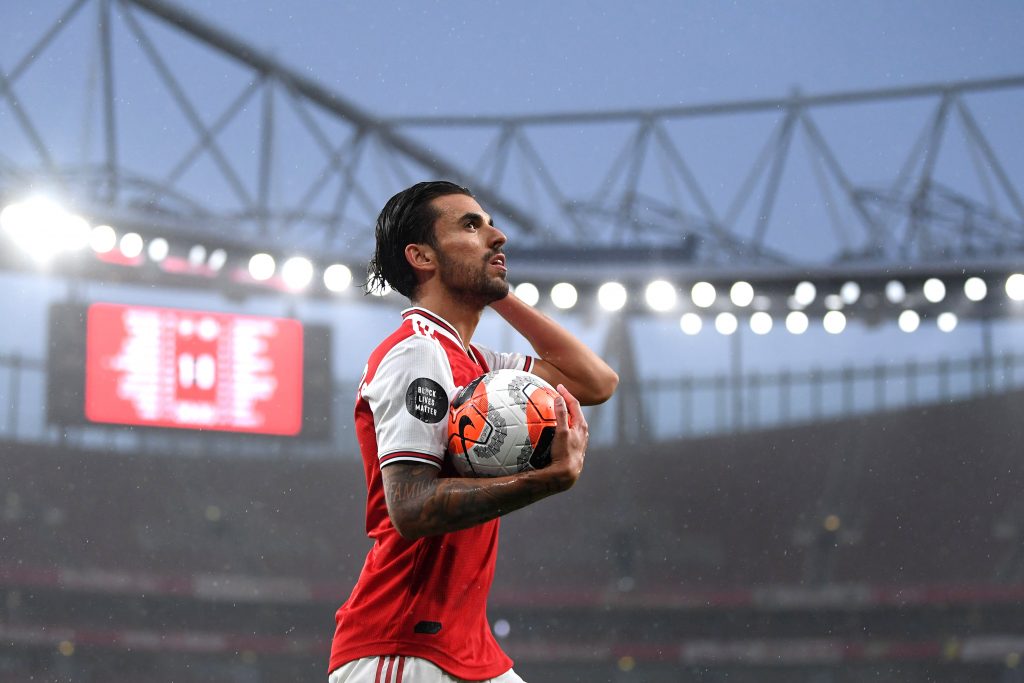 LONDON, ENGLAND - JULY 07: Dani Ceballos of Arsenal looks on during the Premier League match between Arsenal FC and Leicester City at Emirates Stadium on July 07, 2020 in London, England. Football Stadiums around Europe remain empty due to the Coronavirus Pandemic as Government social distancing laws prohibit fans inside venues resulting in all fixtures being played behind closed doors. (Photo by Michael Regan/Getty Images)