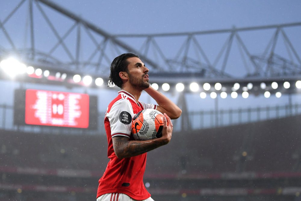 LONDON, ENGLAND - JULY 07: Dani Ceballos of Arsenal looks on during the Premier League match between Arsenal FC and Leicester City at Emirates Stad...