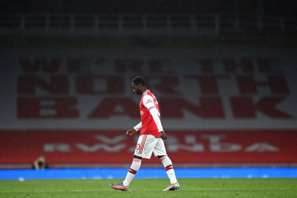 LONDON, ENGLAND - JULY 07: Eddie Nketiah of Arsenal leaves the pitch following being shown a red card after a VAR decision during the Premier Leagu...