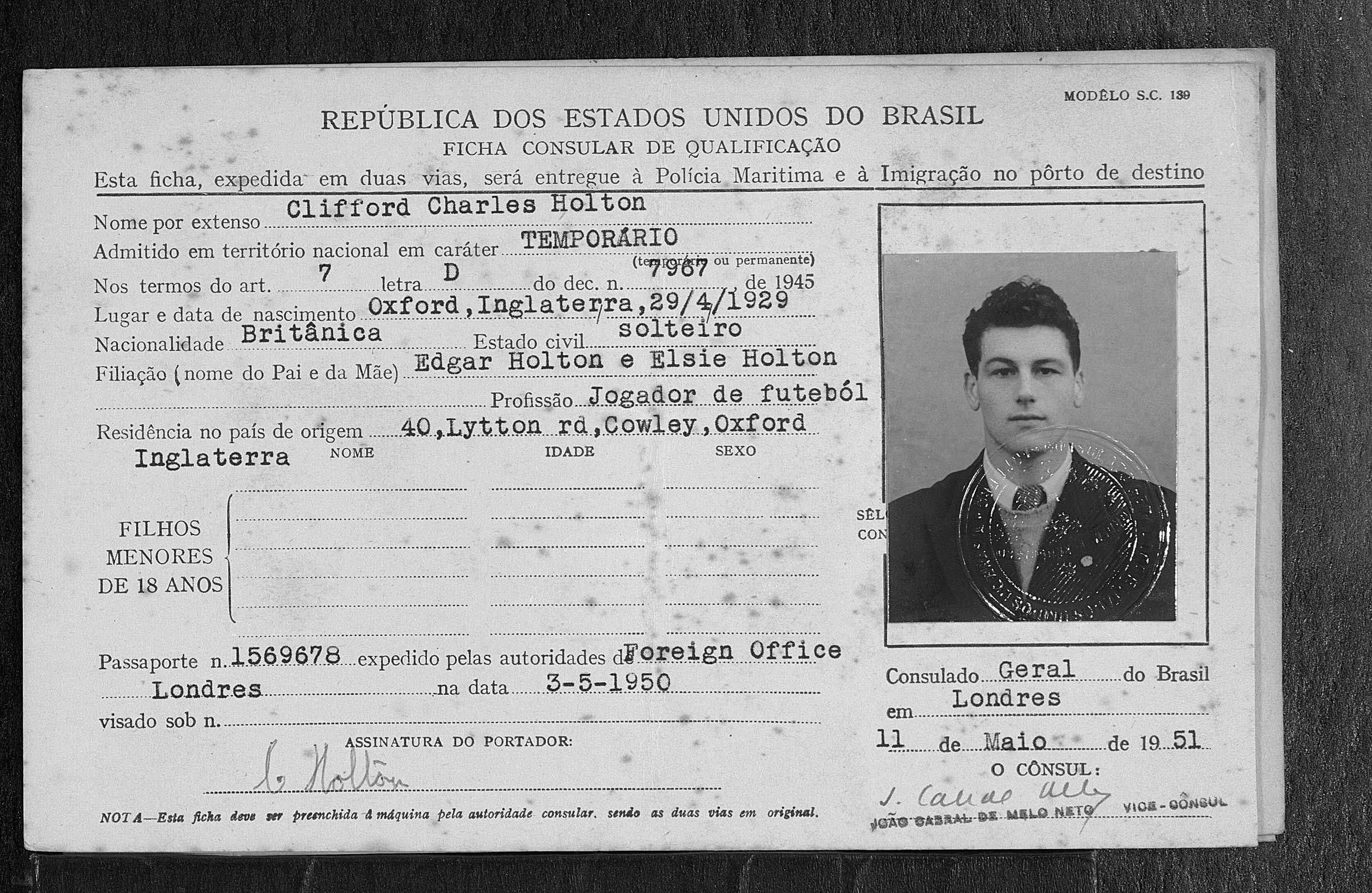 13 August, 1950: Arsenal forward jokes he's been sold to Korea United 4 Arsenal's Cliff Holton's 1951 visa for Brazil
