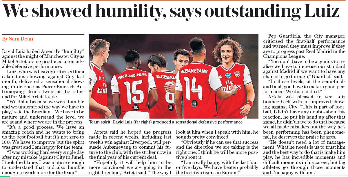 david luiz sunday telegraph 9 july 2020
