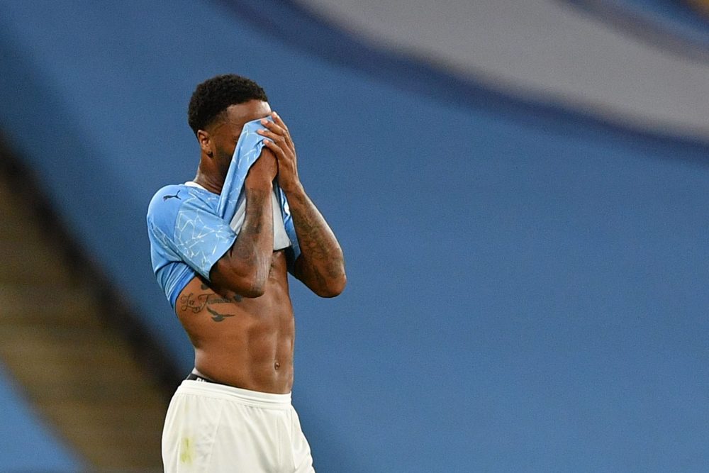 Manchester City's English midfielder Raheem Sterling reacts at the end of the English FA Cup semi-final football match between Arsenal and Manchest...