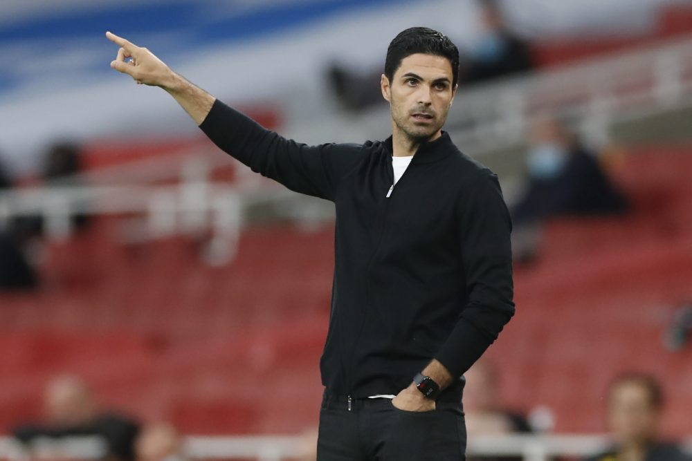 Arsenal's Spanish head coach Mikel Arteta gestures on the touchline during the English Premier League football match between Arsenal and Liverpool ...