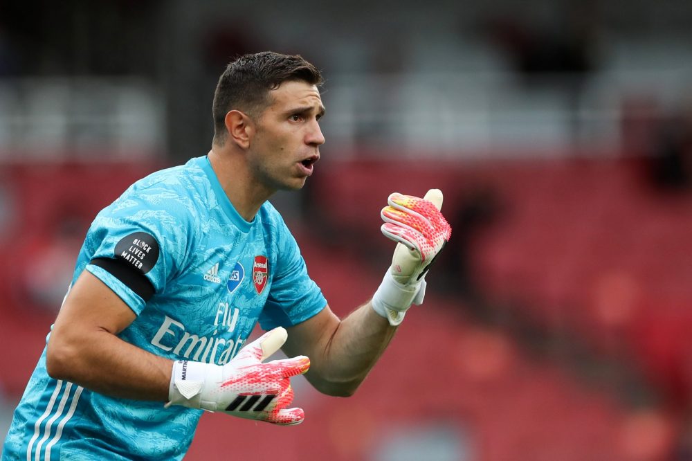 Arsenal's Argentinian goalkeeper Emiliano Martinez gives indications during the English Premier League football match between Arsenal and Norwich C...