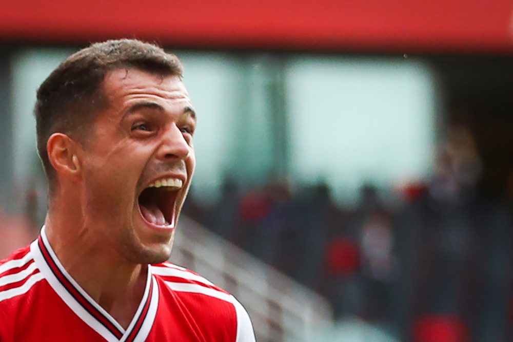 Arsenal's Swiss midfielder Granit Xhaka celebrates after scoring a goal during the English Premier League football match between Arsenal and Norwic...
