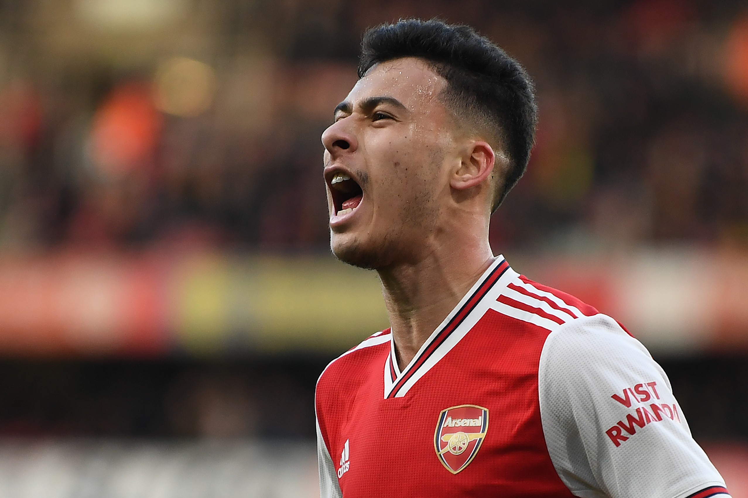 Arsenal's Brazilian striker Gabriel Martinelli celebrates scoring the opening goal during the English Premier League football match between Arsenal and Sheffield United at the Emirates Stadium in London on January 18, 2020. (Photo by DANIEL LEAL-OLIVAS / AFP) 