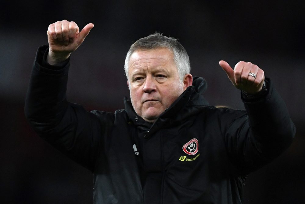Sheffield United's English manager Chris Wilder applauds the fans following the English Premier League football match between Arsenal and Sheffield...