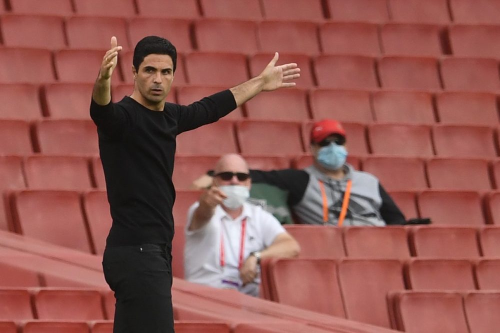 Arsenal's Spanish head coach Mikel Arteta reacts during the English Premier League football match between Arsenal and Watford at the Emirates Stadi...