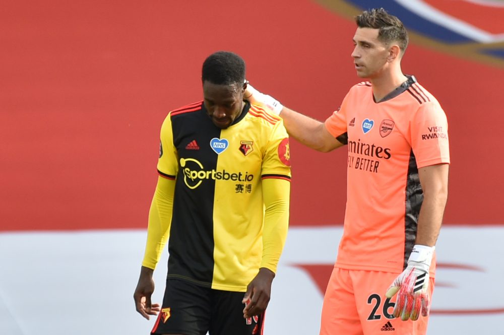 Welbeck and Wilshere now free agents as Walcott returns home 2 Watford's English striker Danny Welbeck (L) is consoled by Arsenal's Argentinian goalkeeper Emiliano Martinez after losing the English Premier League football match between Arsenal and Watford at the Emirates Stadium in London on July 26, 2020. (Photo by Rui Vieira / POOL / AFP)