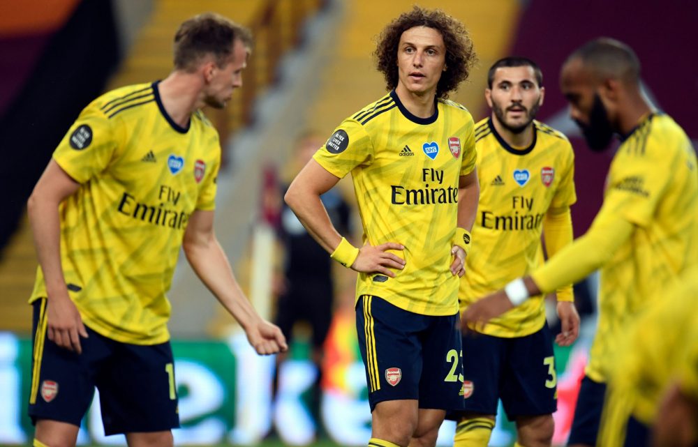 Arsenal's Brazilian defender David Luiz (2L) rreacts during the English Premier League football match between Aston Villa and Arsenal at Villa Park in Birmingham, central England on July 21, 2020. (Photo by PETER POWELL / POOL / AFP)
