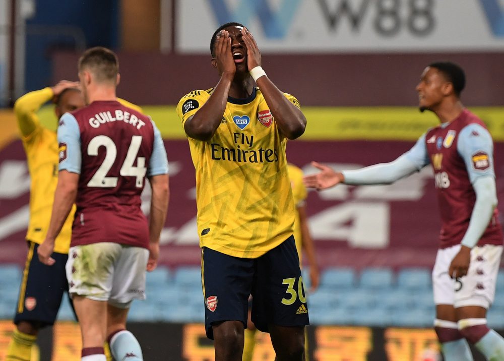 Arsenal and the Dead Man's Fingers 2 Arsenal's English striker Eddie Nketiah reacts after a missed chance during the English Premier League football match between Aston Villa and Arsenal at Villa Park in Birmingham, central England on July 21, 2020. (Photo by Shaun Botterill / POOL / AFP)