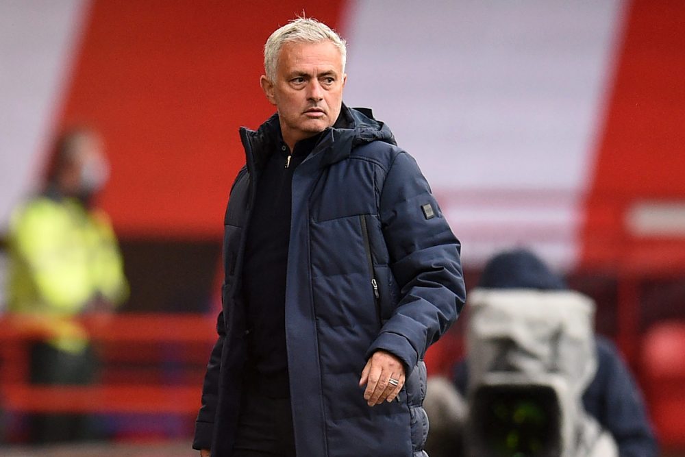 Tottenham Hotspur's Portuguese head coach Jose Mourinho reacts after seeing a goal from Tottenham Hotspur's English striker Harry Kane disallowed d...