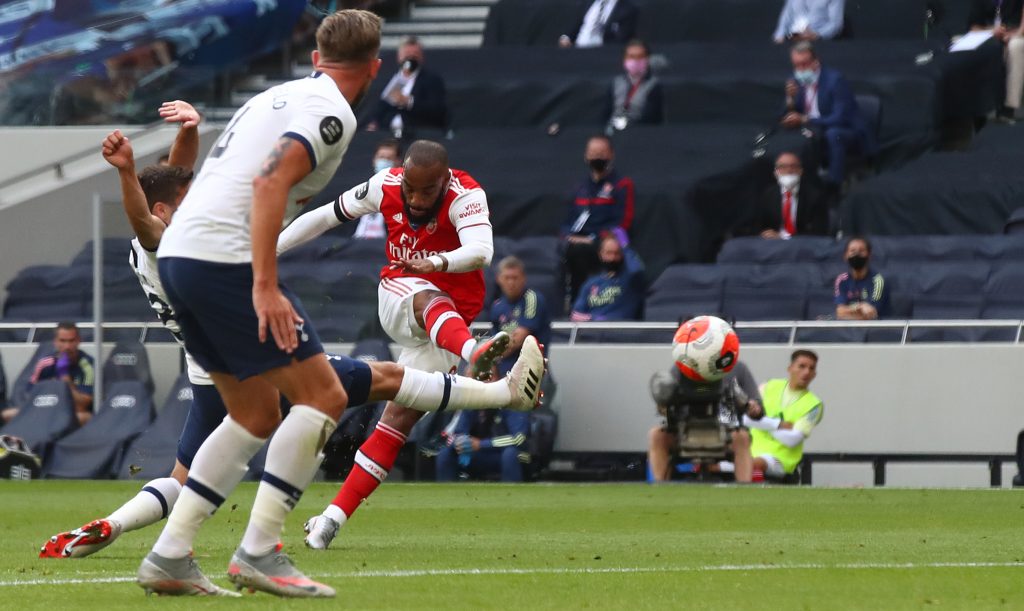 Saka to start: Predicted Arsenal lineup vs Liverpool 6 Arsenal's French striker Alexandre Lacazette shoots and scores during the English Premier League football match between Tottenham Hotspur and Arsenal at Tottenham Hotspur Stadium in London, on July 12, 2020. (Photo by Julian Finney / POOL / AFP) / RESTRICTED TO EDITORIAL USE. No use with unauthorized audio, video, data, fixture lists, club/league logos or 'live' services. Online in-match use limited to 120 images. An additional 40 images may be used in extra time. No video emulation. Social media in-match use limited to 120 images. An additional 40 images may be used in extra time. No use in betting publications, games or single club/league/player publications. / (Photo by JULIAN FINNEY/POOL/AFP via Getty Images)