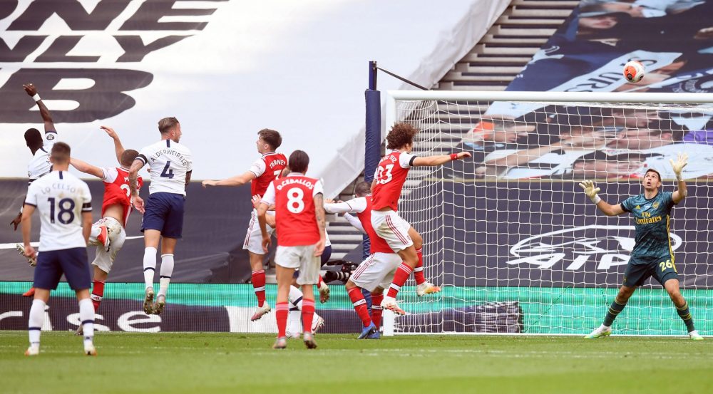 Mikel Arteta pushing for new Shkodran Mustafi deal 3 Tottenham Hotspur's Belgian defender Toby Alderweireld (3L) heads the ball to score during the English Premier League football match between Tottenham Hotspur and Arsenal at Tottenham Hotspur Stadium in London, on July 12, 2020. (Photo by Michael Regan / POOL / AFP)