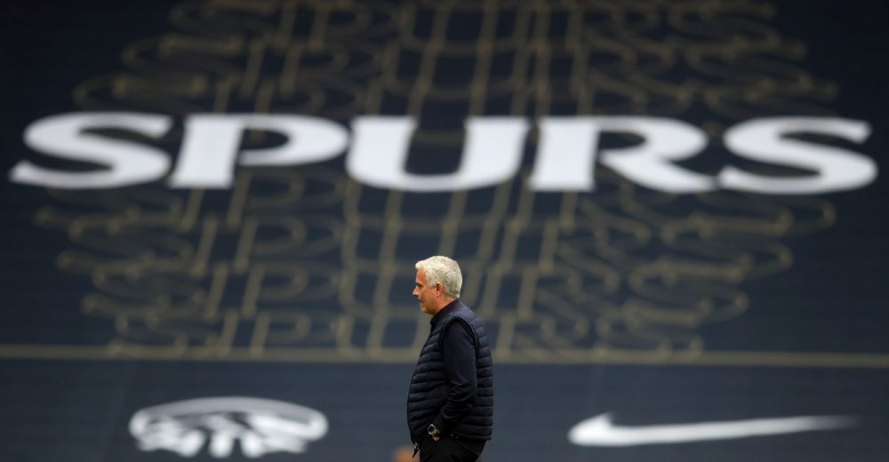 Tottenham Hotspur's Portuguese head coach Jose Mourinho walks on th epitch ahead of the second half during the English Premier League football match between Tottenham Hotspur and Leicester City at Tottenham Hotspur Stadium in London, on July 19, 2020. (Photo by Adam Davy / POOL / AFP)