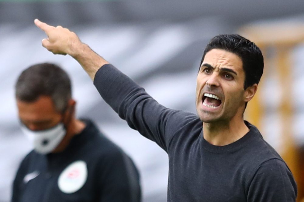 Arsenal's Spanish head coach Mikel Arteta gestures on the touchline during the English Premier League football match between Wolverhampton Wanderer...
