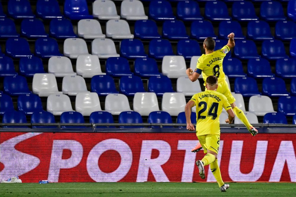 Villarreal's Spanish midfielder Santi Cazorla celebrates his second goal during the Spanish League football match between Getafe and Villarreal at ...