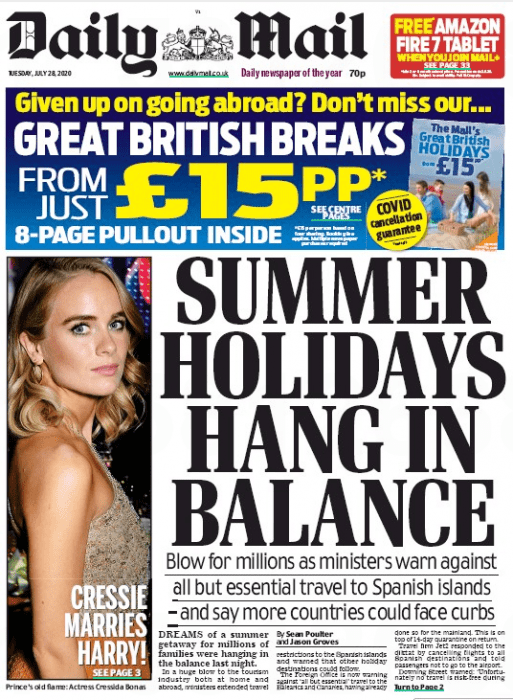 Arsenal will not have to quarantine after Spain trip next month 3 Daily Mail front page 28 July 2020