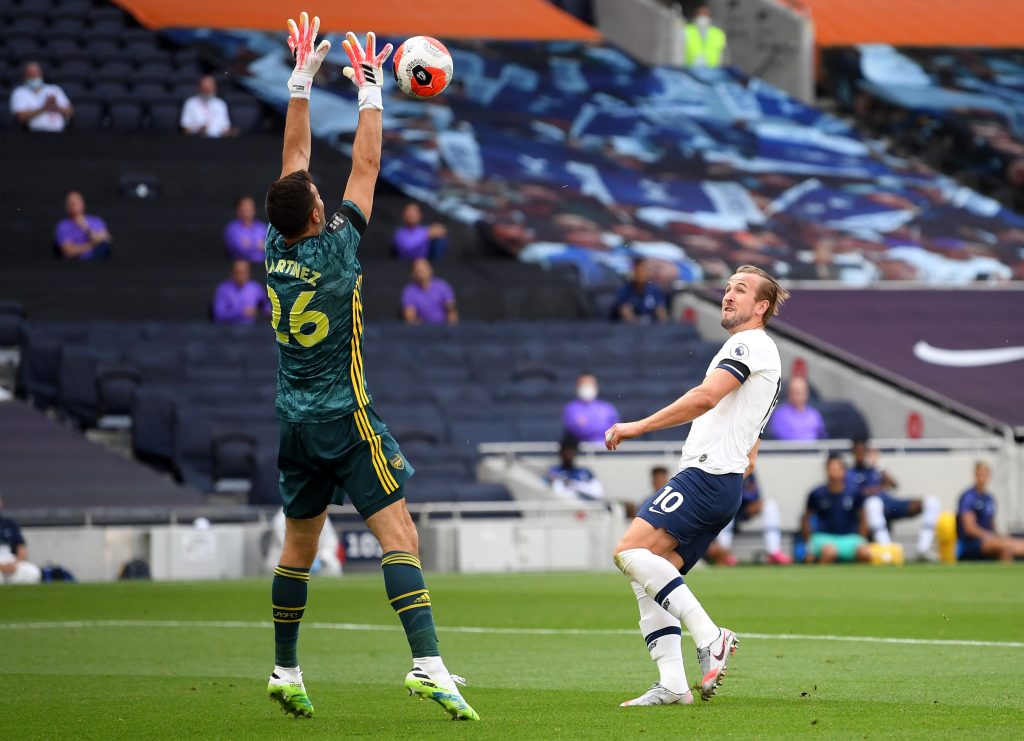 Details of Emi Martinez's Aston Villa deal begin to emerge 3 LONDON, ENGLAND - JULY 12: Harry Kane of Tottenham Hotspur attempts to lob Emiliano Martinez of Arsenal during the Premier League match between Tottenham Hotspur and Arsenal FC at Tottenham Hotspur Stadium on July 12, 2020 in London, England. Football Stadiums around Europe remain empty due to the Coronavirus Pandemic as Government social distancing laws prohibit fans inside venues resulting in all fixtures being played behind closed doors. (Photo by Michael Regan/Getty Images)