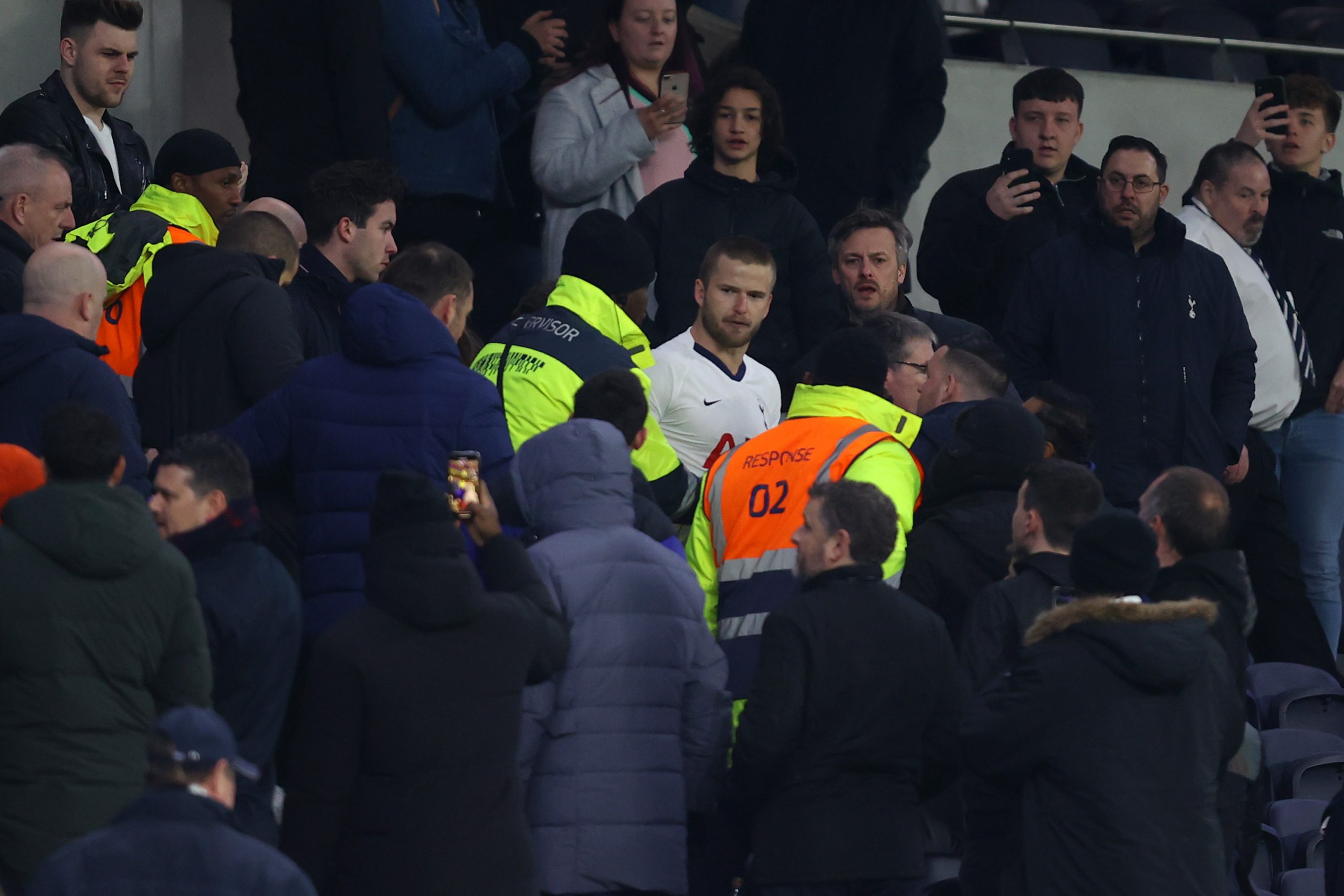LONDON, ENGLAND - MARCH 04: Eric Dier of Tottenham Hotspur is seen speaking to Tottenham Hotspur fans in the stands following his teams defeat in t...