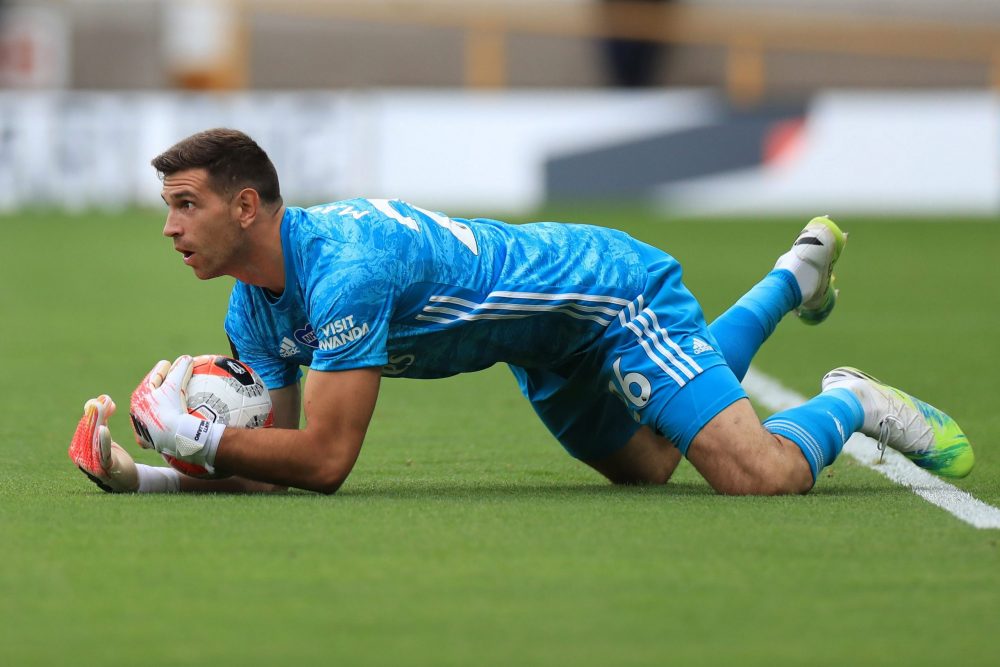 WOLVERHAMPTON, ENGLAND - JULY 04: Emiliano Martinez of Arsenal holds the ball during the Premier League match between Wolverhampton Wanderers and A...