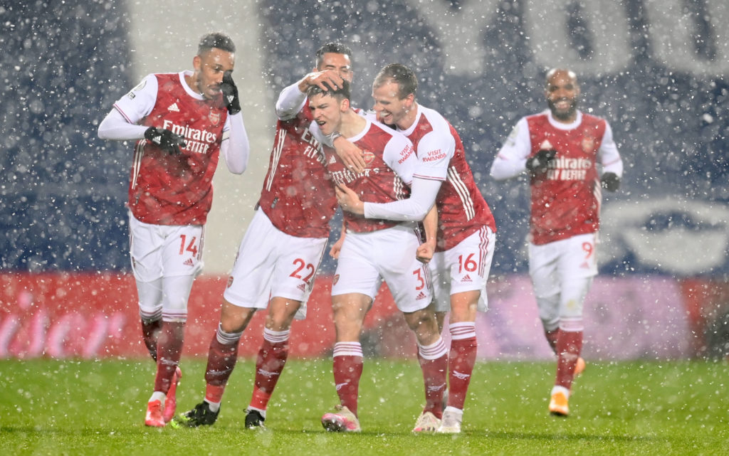West Bromwich Albion v Arsenal - Premier League - The Hawthorns Arsenal s Kieran Tierney (centre) celebrates scoring his side s first goal of the game during the Premier League match at The Hawthorns, West Bromwich. Copyright: Michael Regan