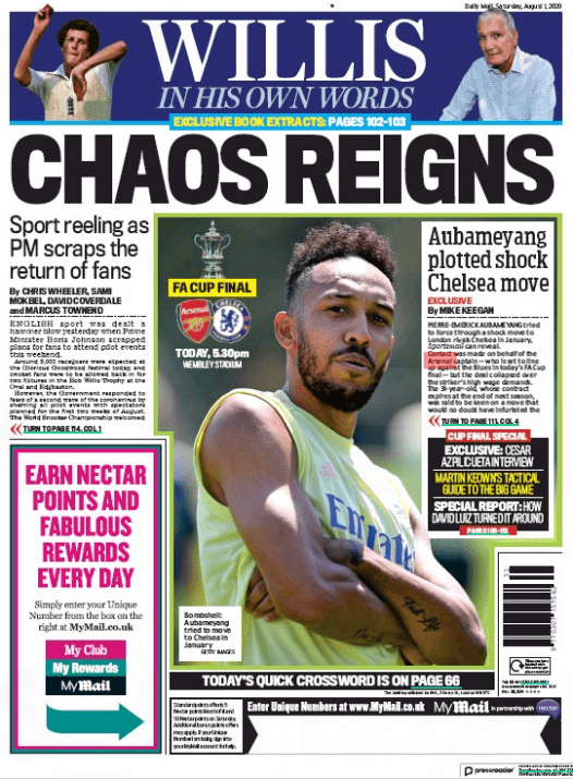 Pierre-Emerick Aubameyang wants minimum £70kpw wage increase from Arsenal 3 Daily Mail 1 August 2020