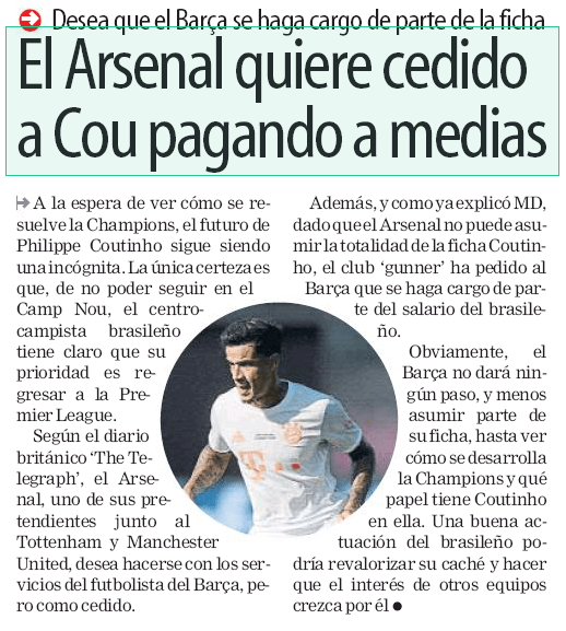Arsenal want Barcelona to help pay some of Philippe Coutinho's wages - Mundo Deportivo, August 8 2020