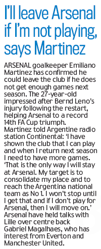 Emi Martinez gives Arsenal an ultimatum 3 Daily Mail, 10 August 2020